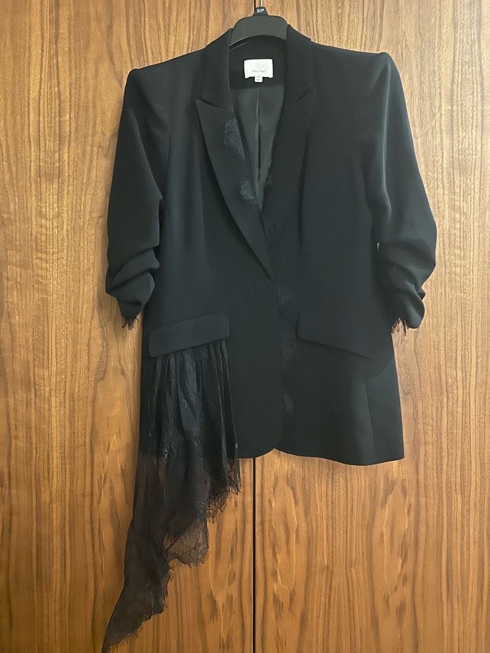 Cinq a Sept Black Asymmetric Lace-Trim Blazer - Picture 3 of 16